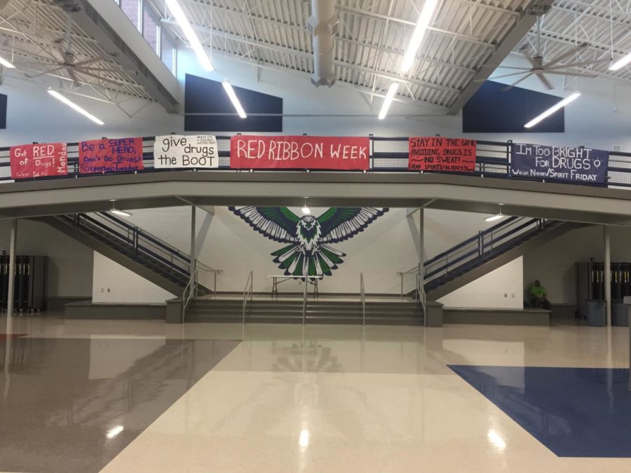 Banners hang in the commons promoting Red Ribbon Week. 
