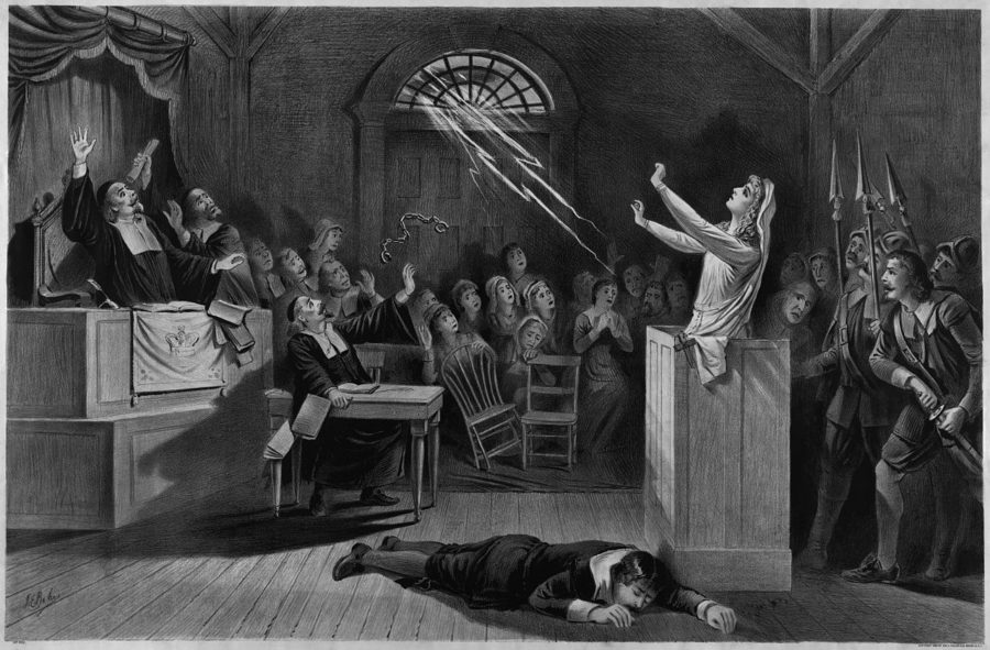 A traditional sketch depiction of a Salem witch trial.