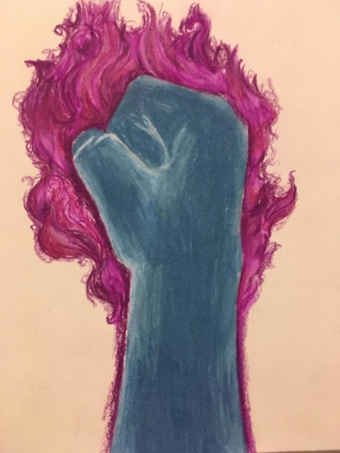 Inverted color drawing of a fiery fist by Catherine Daines.