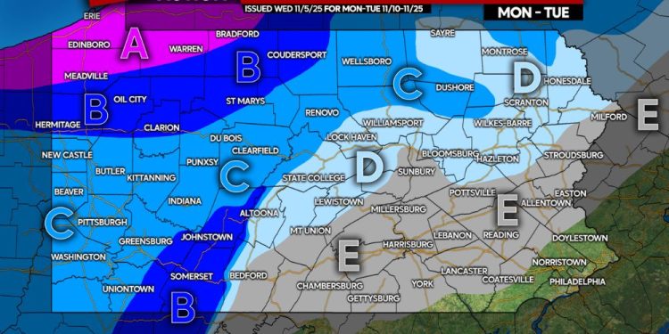 First Snow of Fall 2025 Possible Monday-Tuesday Across Much of Pennsylvania