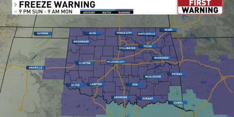 Freeze Warning issued for Sunday night