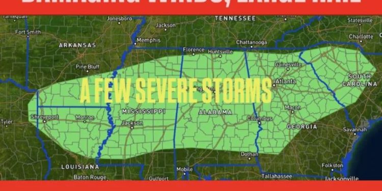 Severe Storms Predicted Saturday From Texas To South Carolina, With Damaging Winds And Hail Possible