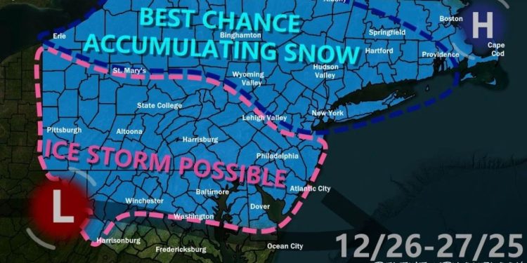 Pennsylvania, New York, New Jersey, Maryland, And New England Brace For Snow And Ice As Amplified Clipper System Targets December 26–27